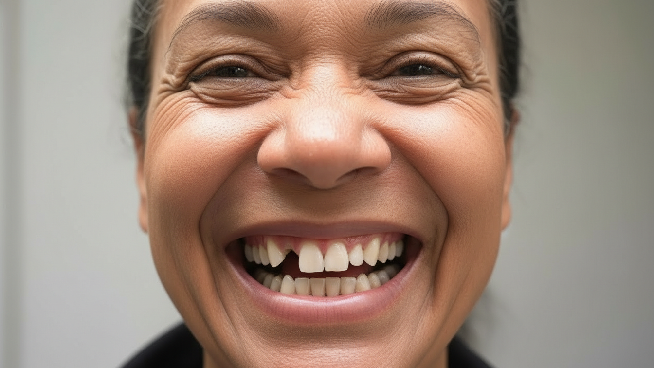 A close up portrait of a middle aged woman with warm brown skin and short dark hair, laughing joyfully against a plain gray background. Her eyes are crinkled in happiness, but her open-mouthed smile reveals a noticeable gap between her front teeth, highlighting a common dental imperfection before treatment at NÜVA Smile.
