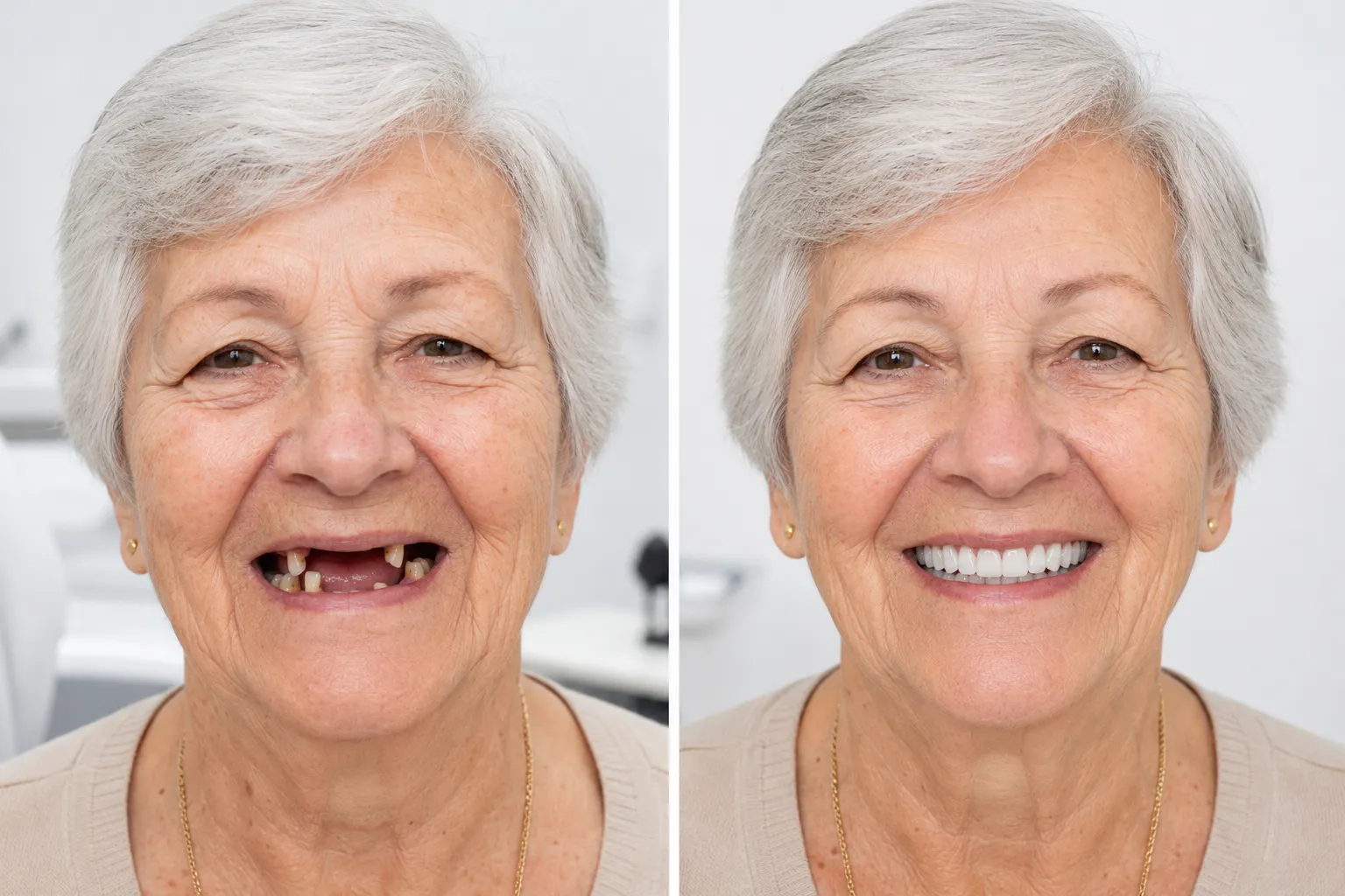 Happy older couple smiling with their new dentures